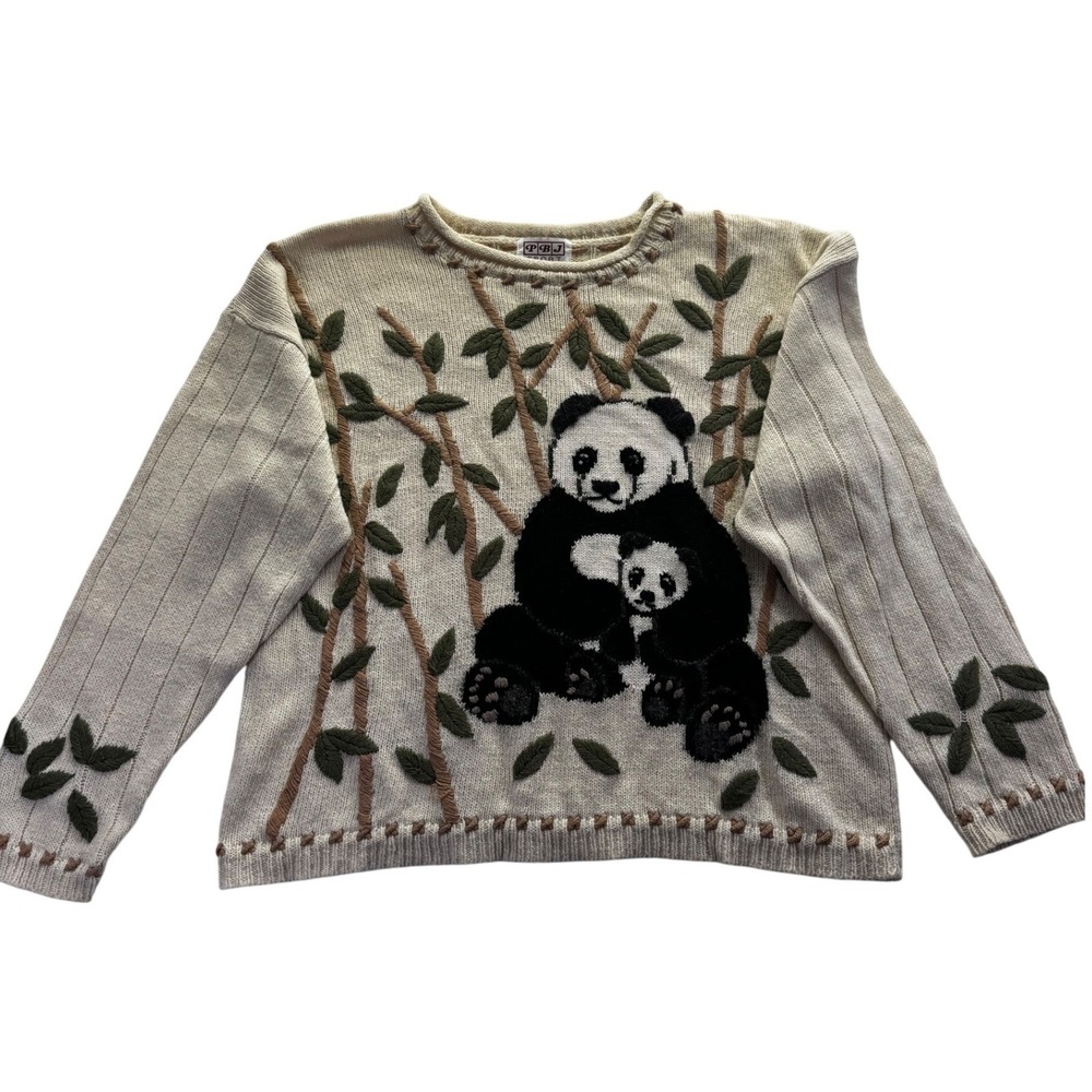 PBJ Sport Panda Bear Ramie Sweater Petite‎ Medium Embroidered Bamboo Cottagecore